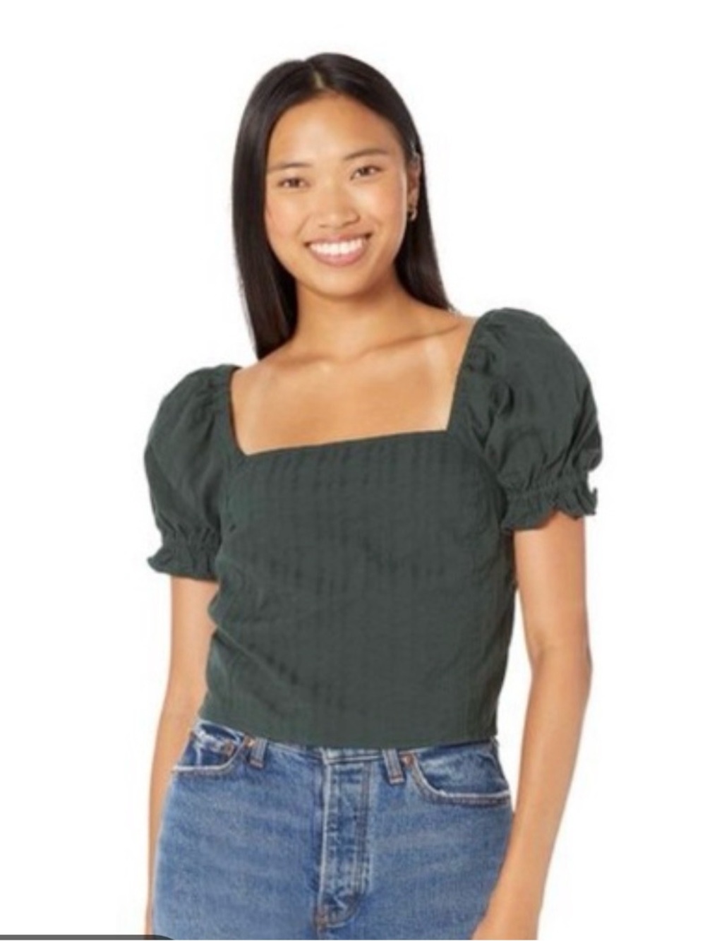 Madewell Forest Green Puff Sleeve Square Neck Blouse